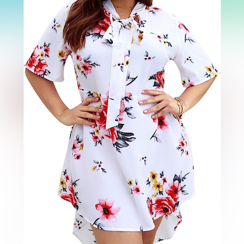 omen's Plus Size Floral Print V Neck Dress Short Sleeve